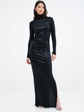 Marcella Baxter Metallic Dress Sparkly Lurex Turtleneck Maxi in Black